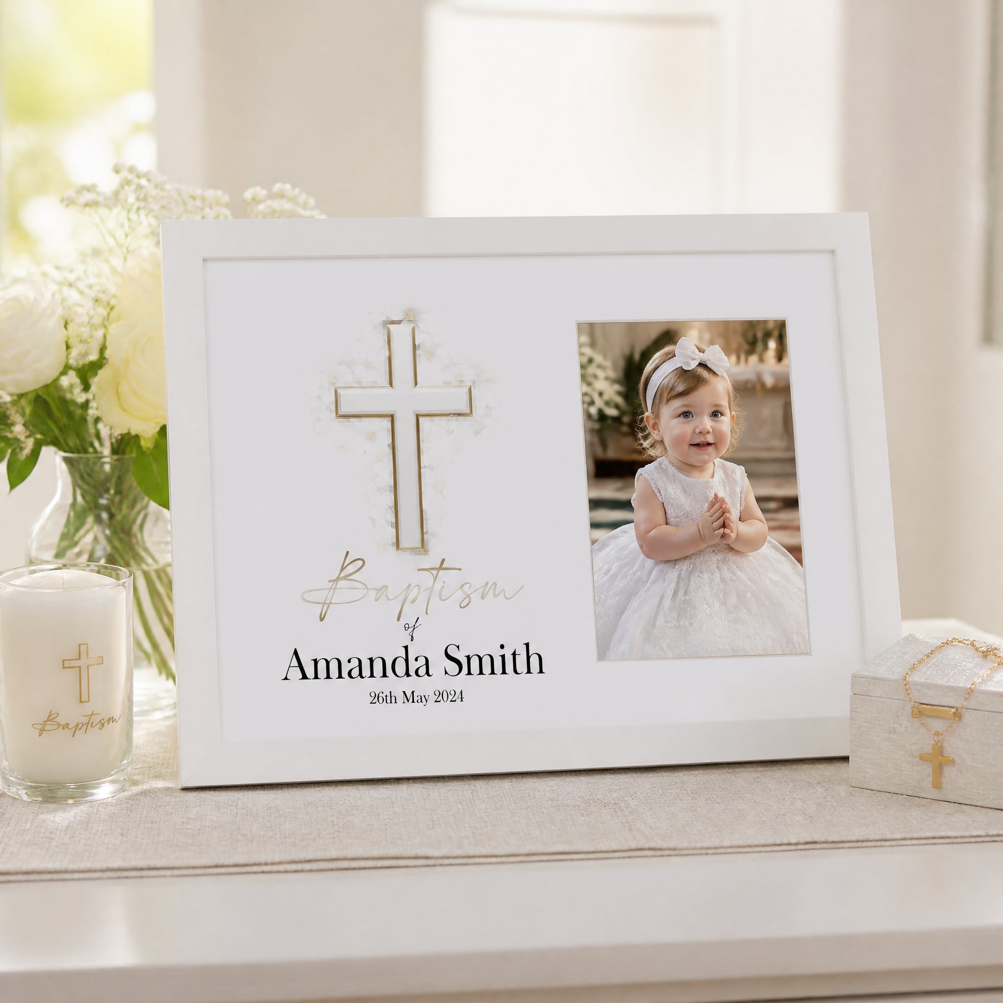 Personalised Baptism Photo Frame, Silver Cross, 6x4 Wooden Keepsake personalised photo frames ukgiftstoreonline