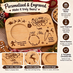 The image is a collage of three photos featuring a wooden tray with personalized engravings. The tray has a name engraved on it, and it is described as a thoughtful Christmas gift for kids and families. The tray is also described as a functional design suitable for snacks, milk, and treats.