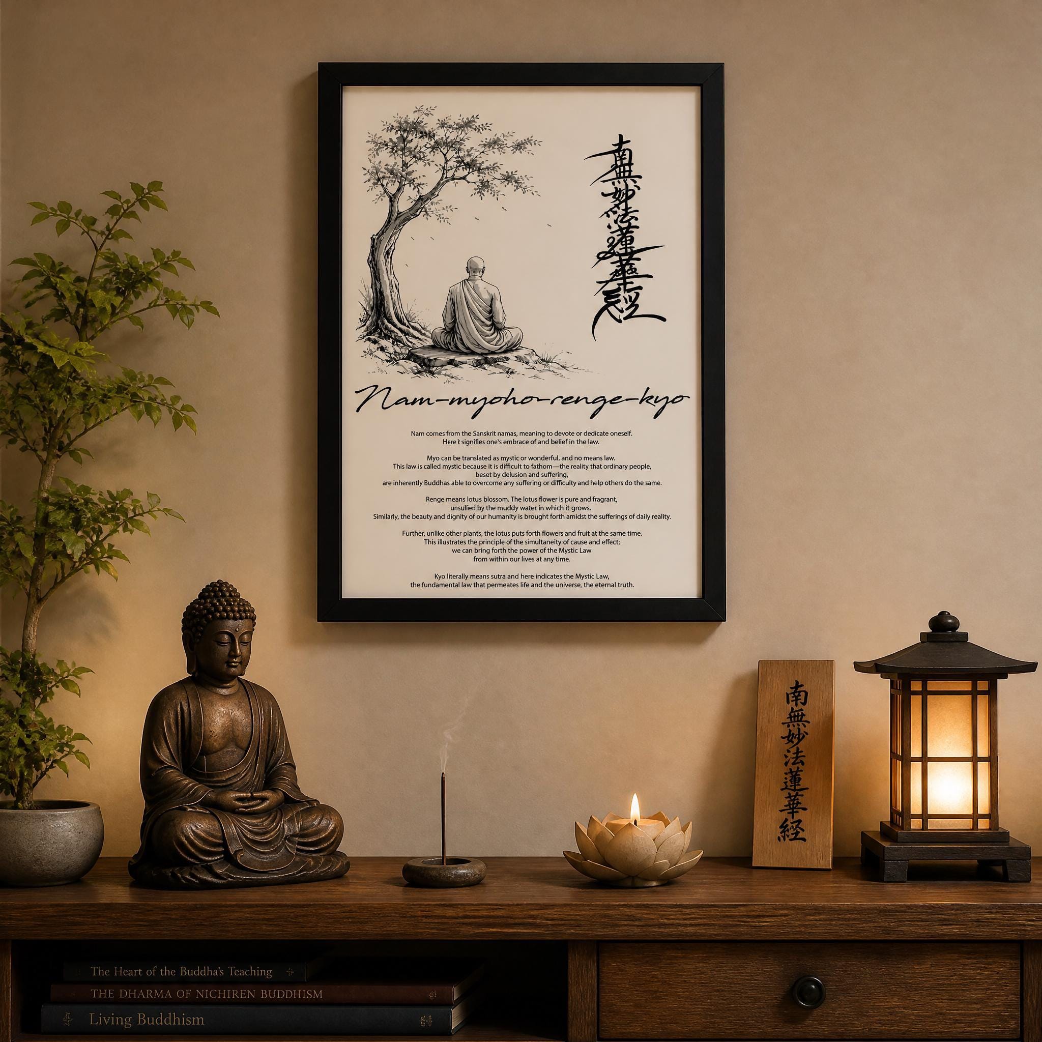 a serene and peaceful scene with a framed quote about Nam-myhorse-range-kyo, a traditional Japanese Buddhist quote, displayed on a wall above a wooden shelf with a Buddha statue, a lit candle, and a small wooden box with Chinese characters.