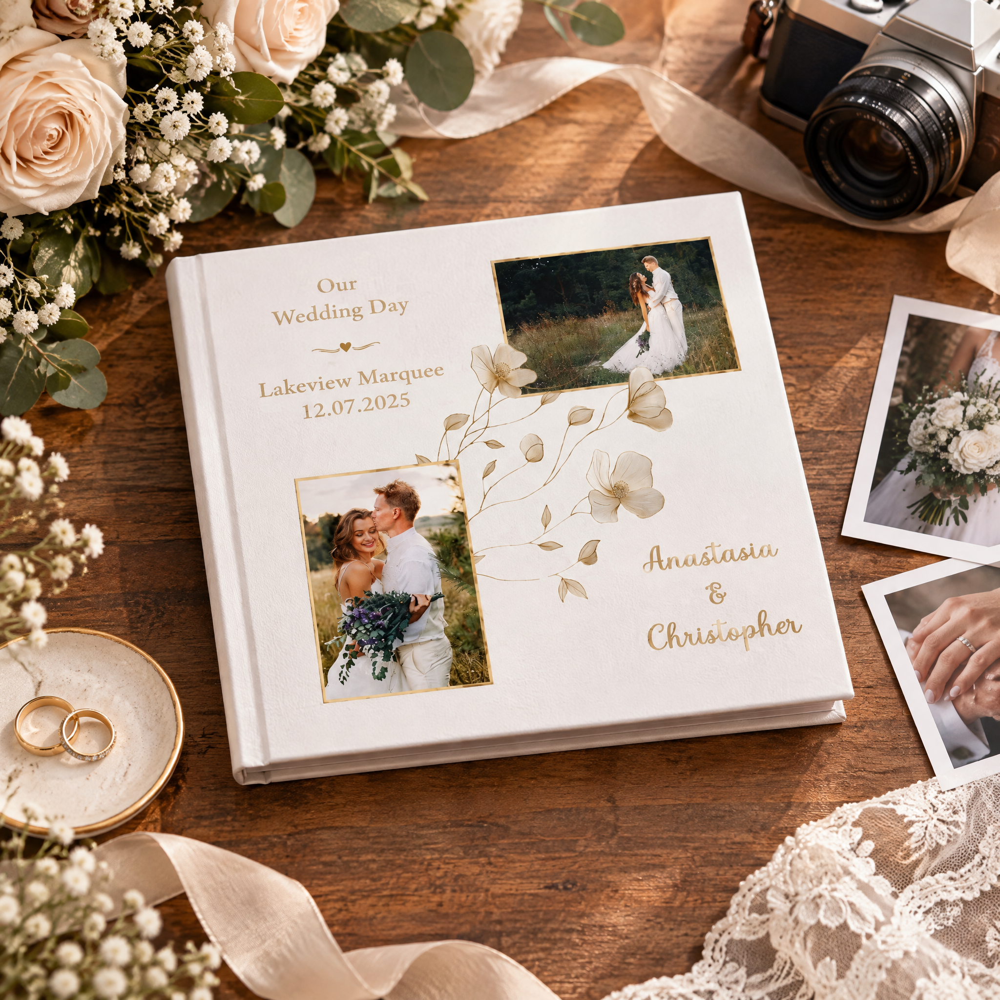 Personalised Wedding Photo Album, White Gold Frame, Floral Design photo album ukgiftstoreonline