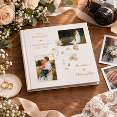 Personalised Wedding Photo Album, White Gold Frame, Floral Design photo album ukgiftstoreonline