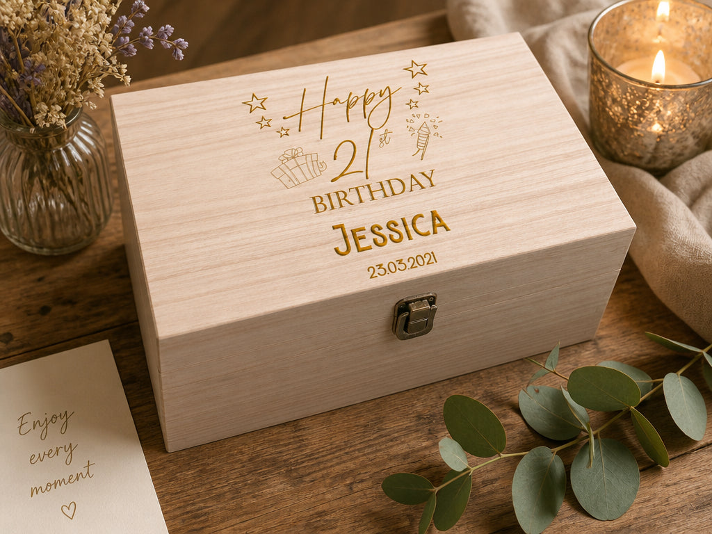 Personalised Birthday Keepsake Box, Wooden Engraved Gift For Any Age Keepsake Wooden Box Raised Words
