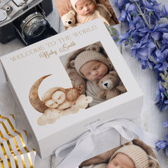 Personalised White Baby Memory Box, Cute Sleeping Animal Design, Keepsake For Special and Favourite Mementos