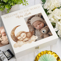 Personalised White Baby Memory Box, Cute Sleeping Animal Design, Keepsake For Special and Favourite Mementos