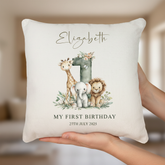 Personalised My First Birthday Baby Cushion, Safari Animals Design, Linen, Custom Pillow Nursery Keepsake Personalised Cushion Gifts ukgiftstoreonline