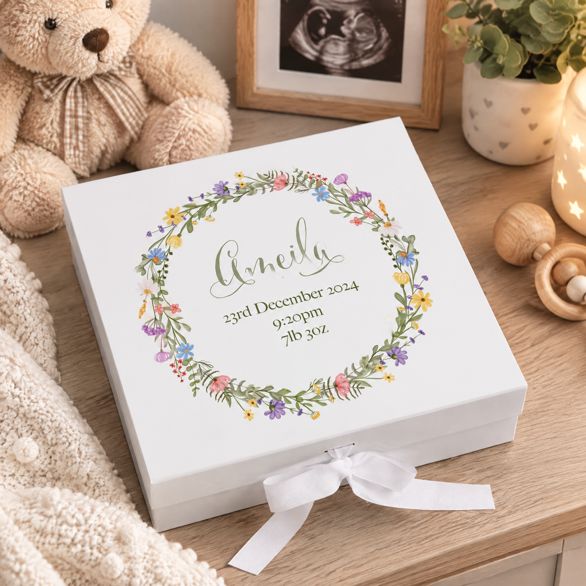Personalised Baby Girl Memory Keepsake Box with Wildflower Wreath New Parents ukgiftstoreonline