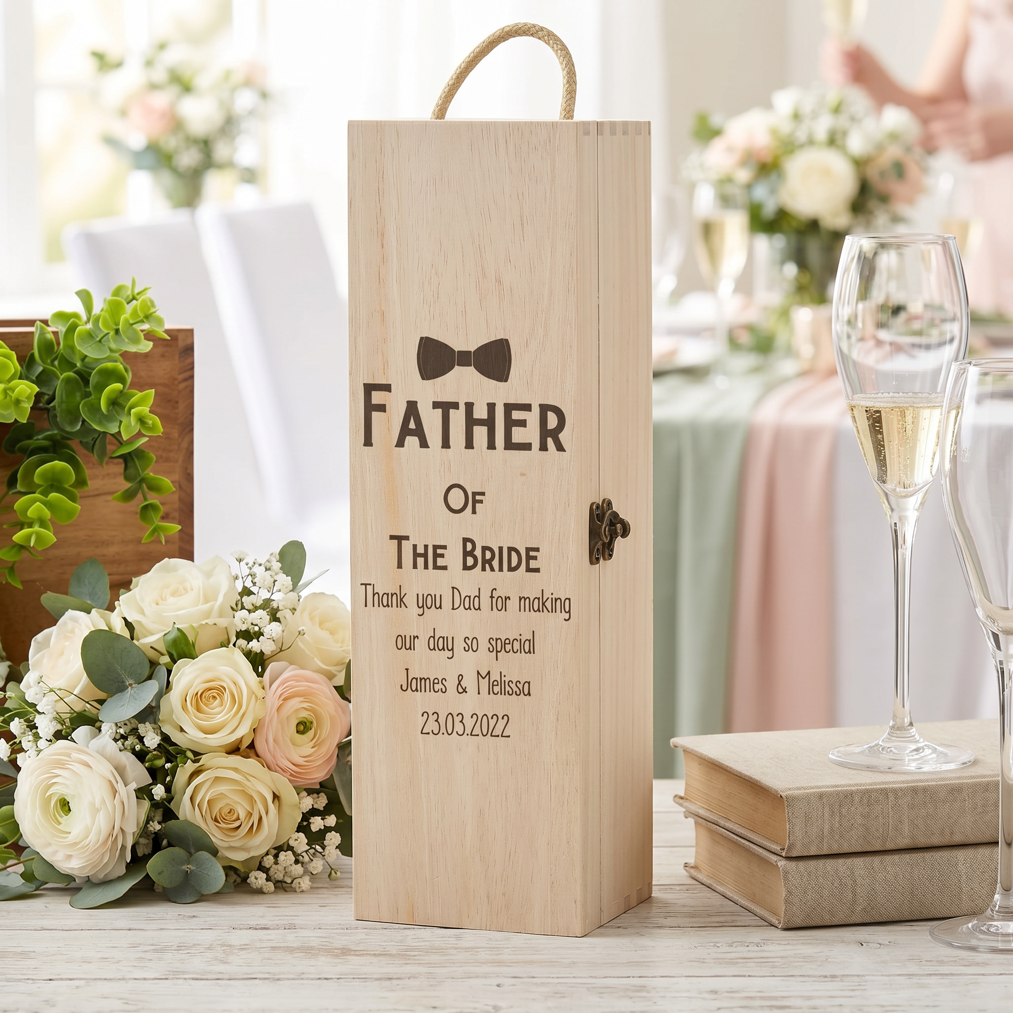 Personalised Wooden Wine Champagne Box Father Of The Bride Gift Champagne Bottle Holders Raised Words