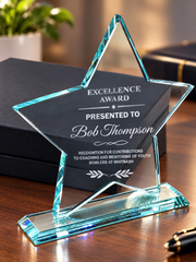 a star-shaped award on a desk, with a black box and a pen nearby.