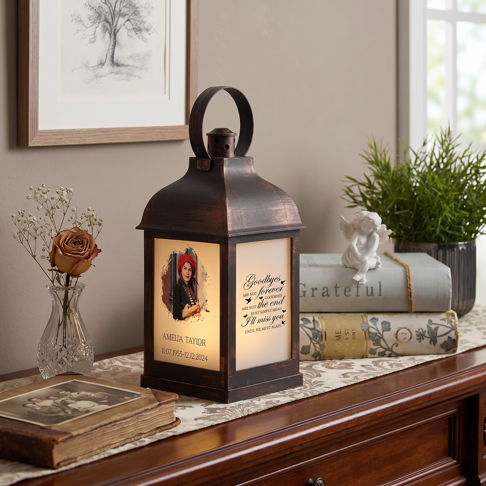 Personalised Memorial Photo Upload Lantern, Memorial Candle, Goodbyes are not forever memorial lantern ukgiftstoreonline