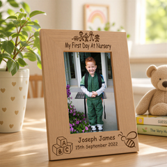 Personalised Nursery Photo Frame – First Day Nursery Gift With Oak Finish Photo Frame ukgiftstoreonline