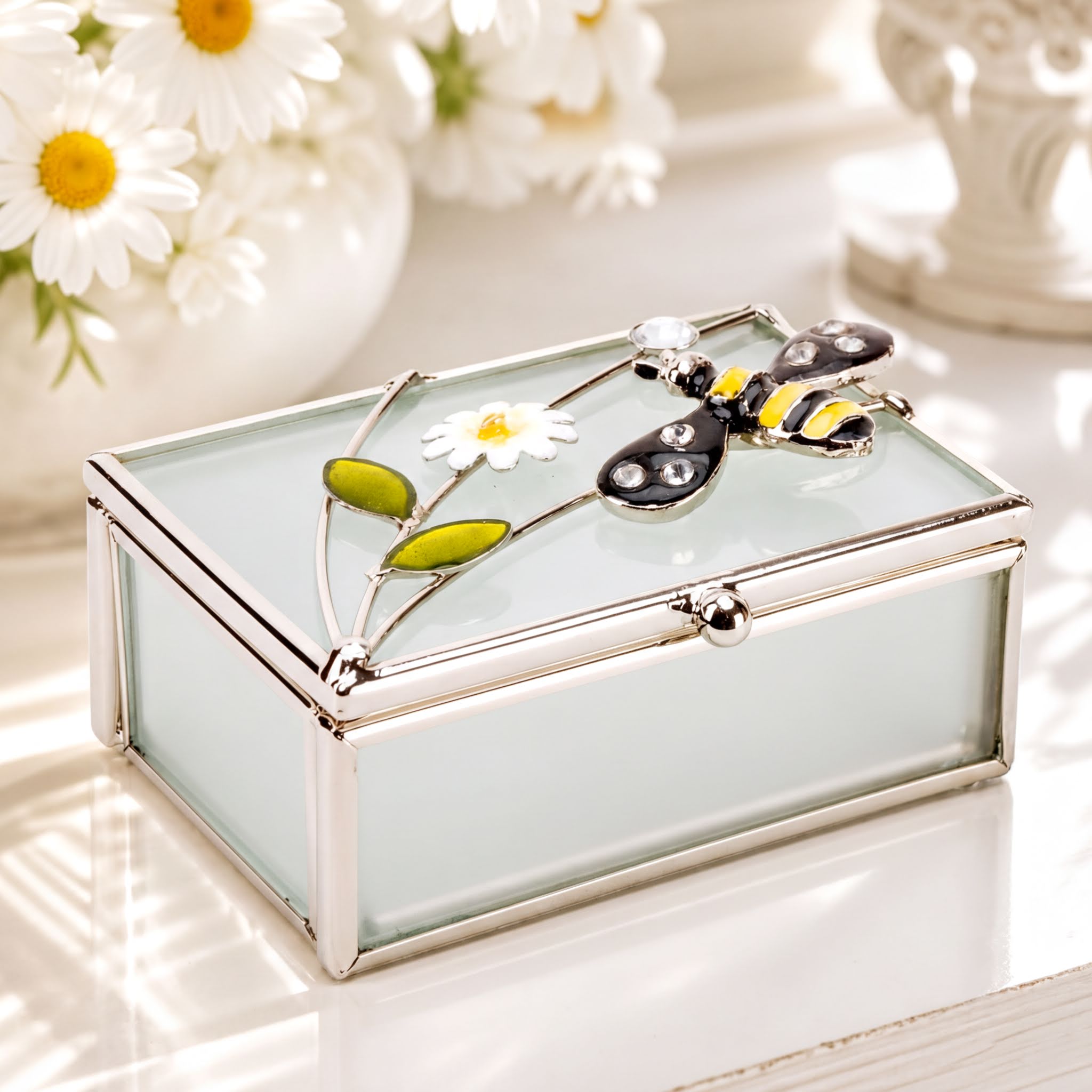Vintage Style Glass & Wire Bumble Bee Rectangle Trinket Box Gift For Her ukgiftstoreonline