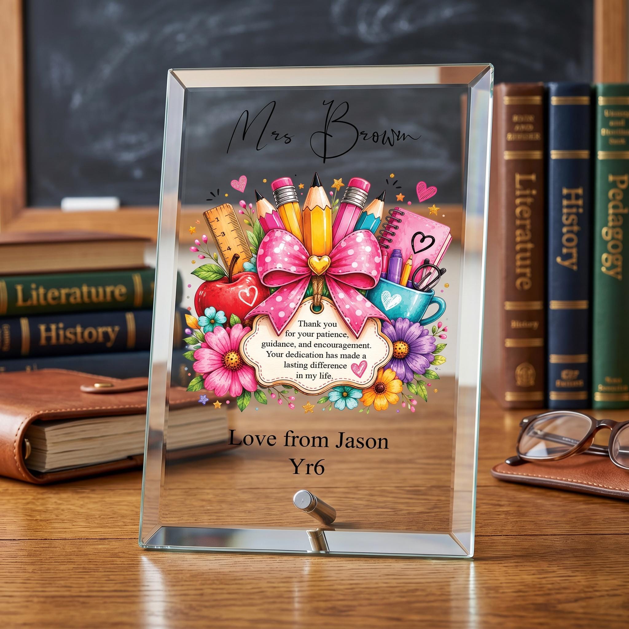 Personalised Teacher Gift Plaque, Keepsake, Patience Quote (18cm x 13cm, Thick Glass, Custom Engraving) ukgiftstoreonline