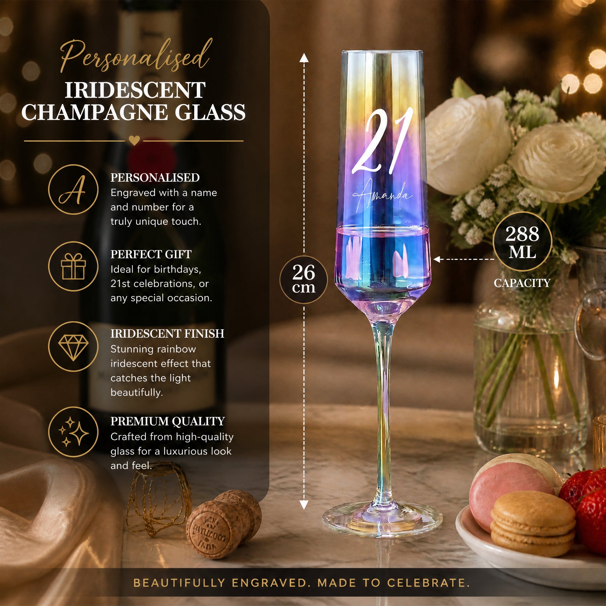 Personalised Champagne Glass | 21st Birthday Iridescent Prosecco Gift champagne glass ukgiftstoreonline