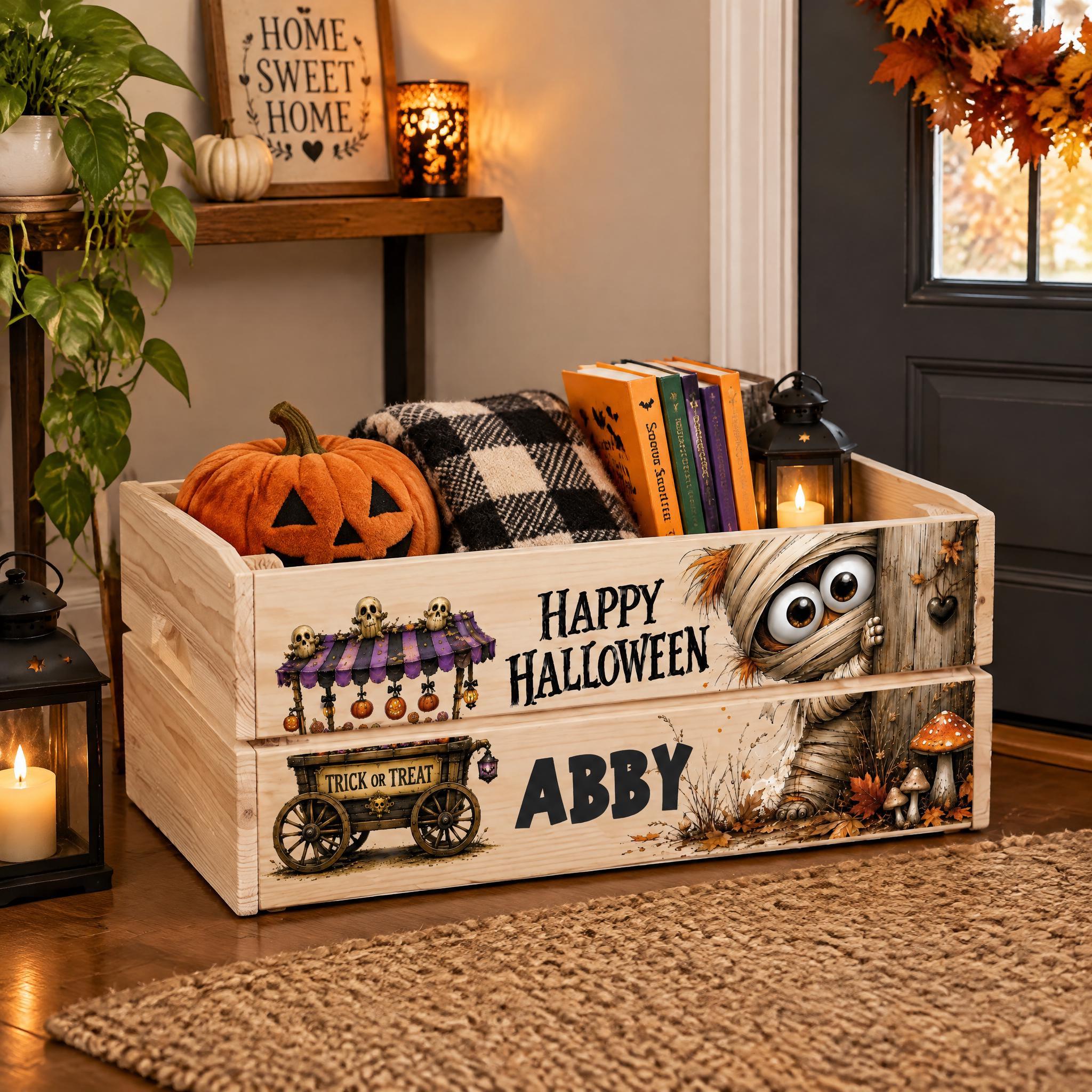 A wooden crate decorated for Halloween, featuring a carved pumpkin, a ghost, and a skeleton. The crate has a sign that says "Happy Halloween Abby" and is placed on a rug.