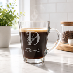 Personalised Glass Mug, Engraved Name Leaf Alphabet, 280Cc Tea Cup Personalised Birthday Gift ukgiftstoreonline