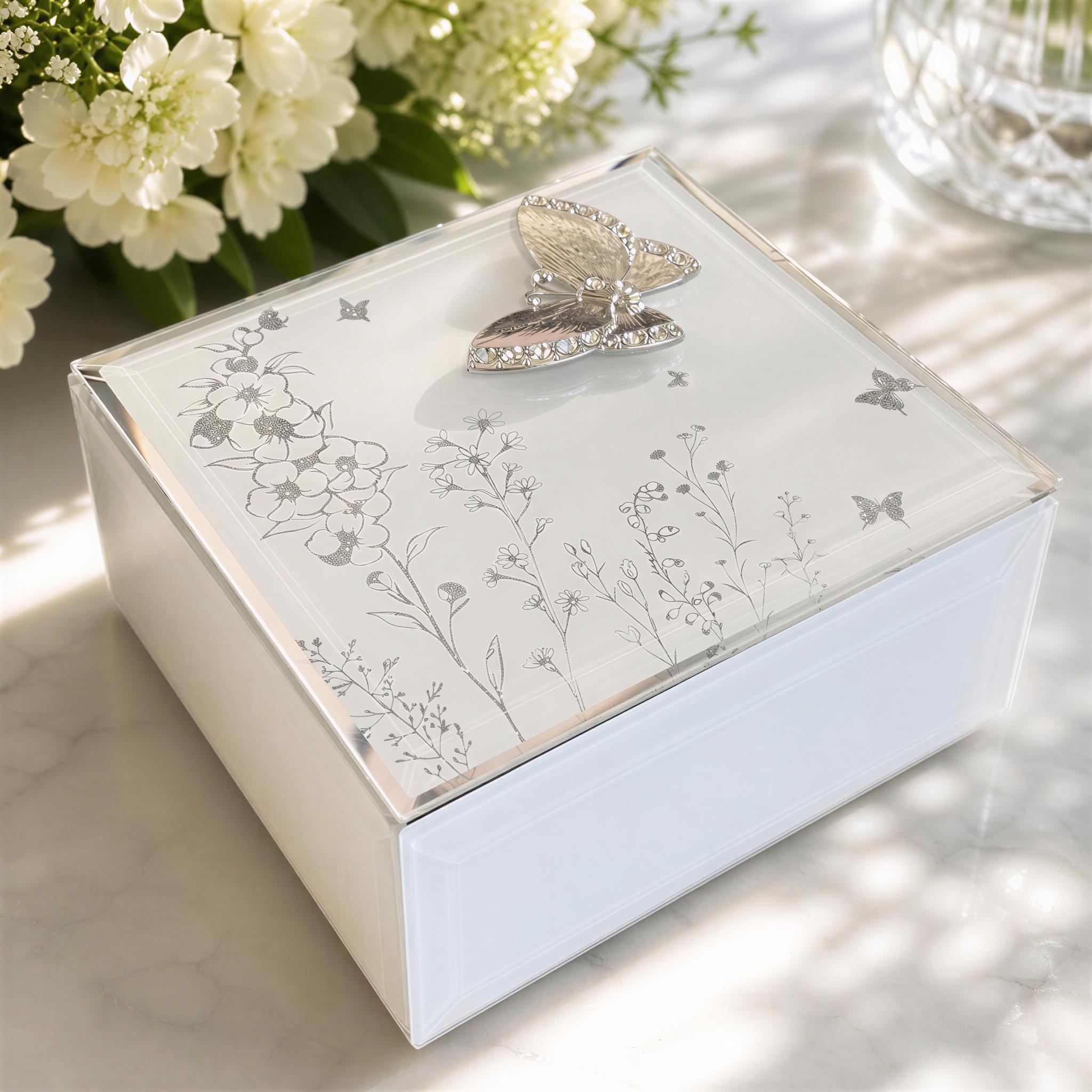A white box with a silver butterfly design on the lid, placed on a marble surface next to a bouquet of white flowers.