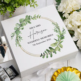 Personalised Wedding Keepsake Box Gift With Eucalyptus and Gold Wreath