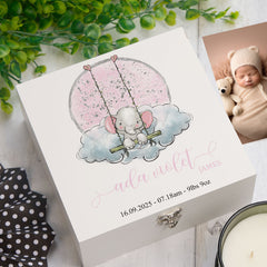 Personalised Baby Girl Gift White Wooden Keepsake Memory Storage Box Elephant On Swing