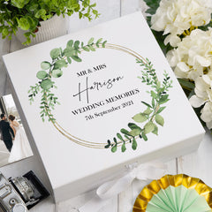 Personalised Wedding Keepsake Box Gift With Eucalyptus and Gold Wreath
