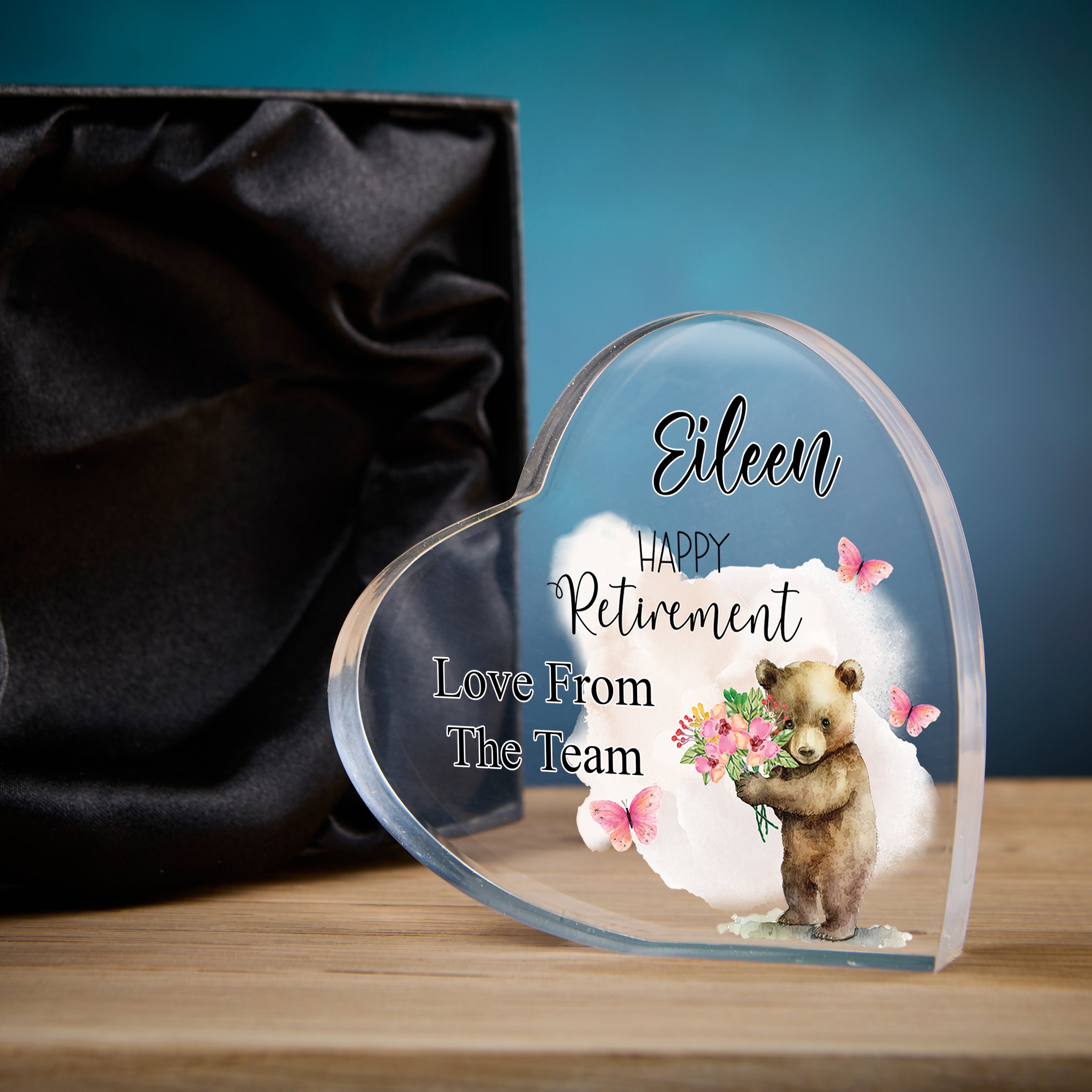 Personalised Retirement Gift For Her Heart Block In Gift Box With Teddy Personalised Plaque Gift ukgiftstoreonline