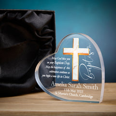 Personalised Baptism Heart Block With Marble Cross In Gift Box