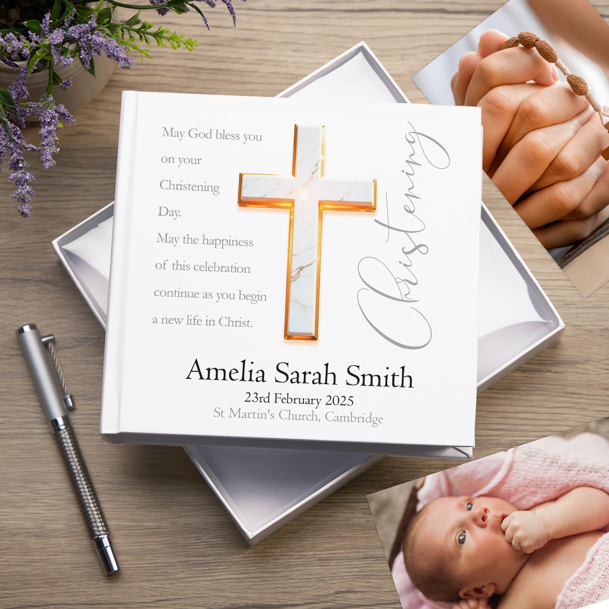 Personalised Christening Photo Album With Marble Cross Christening Photo Album ukgiftstoreonline