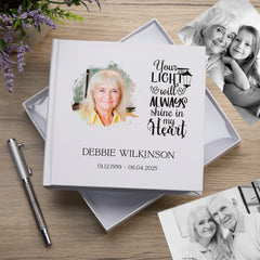 Personalised Memorial Photo White Album With Sentiment Your Light Will Always Shine For 50 x 6x4 Photos