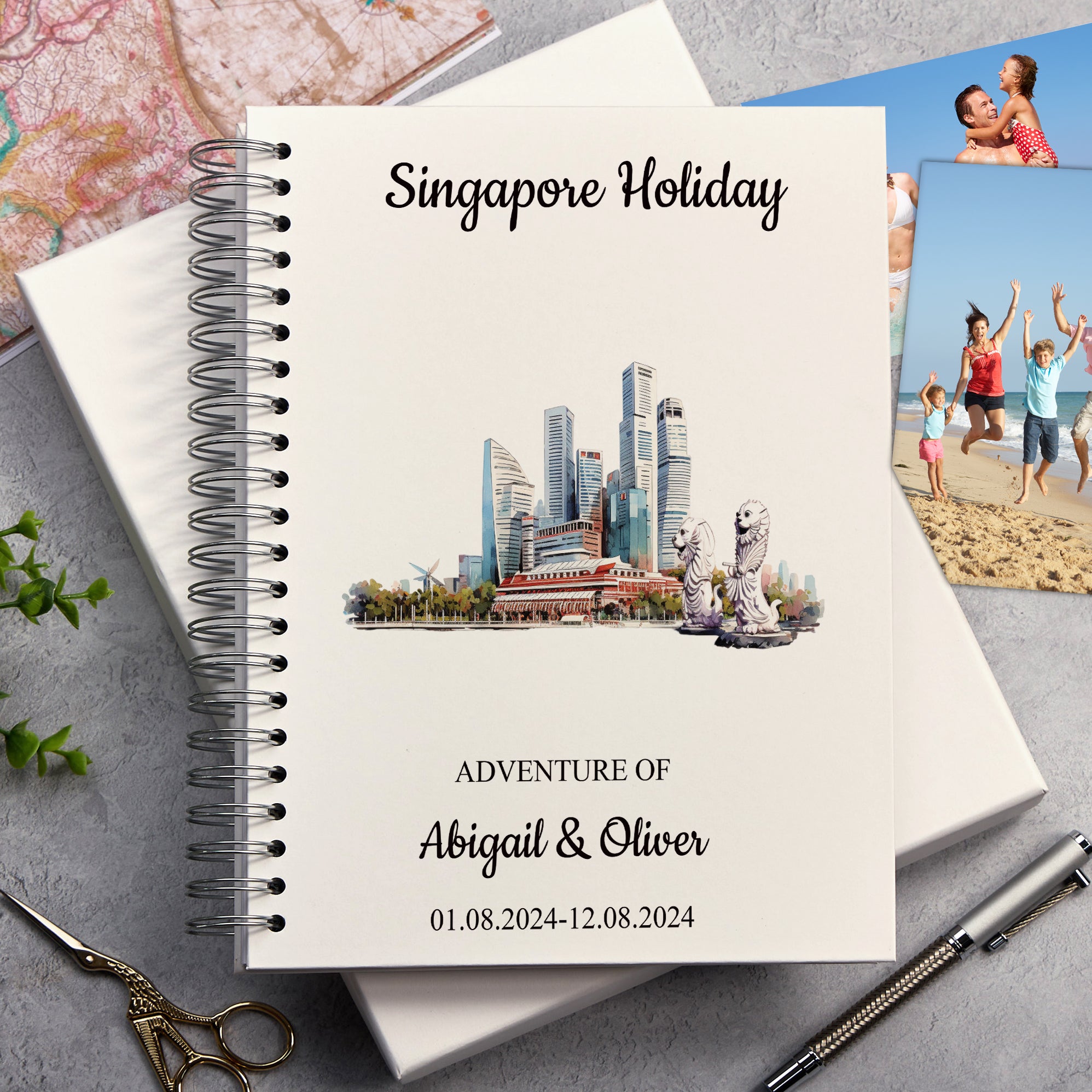 Personalised Singapore Holiday Memory Scrapbook Journal Photo Albums Adventures Photo Album ukgiftstoreonline Skyscrapers-Merlion A4 Portrait