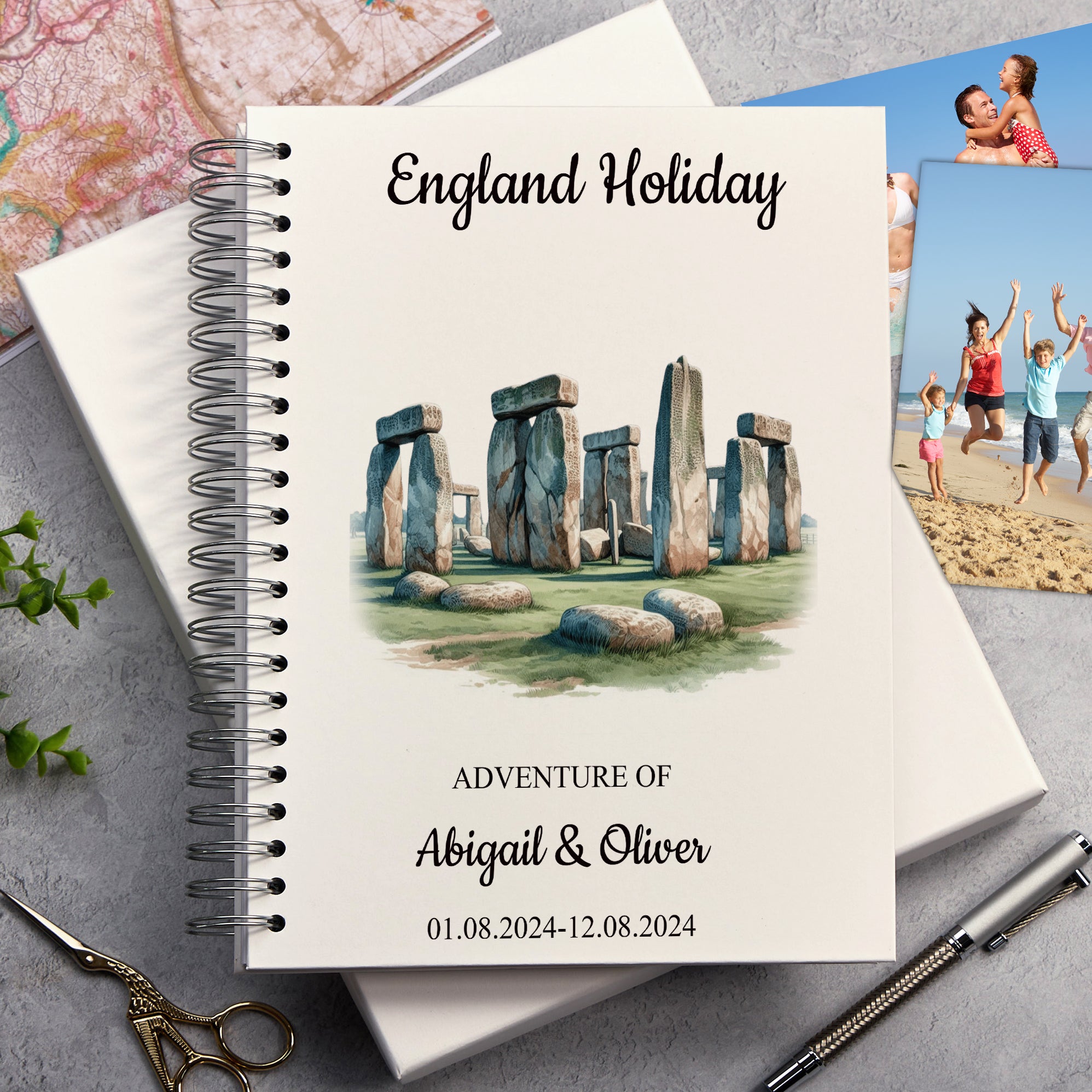 Personalised England, London Holiday Memory Scrapbook Journal Photo Albums Adventures Photo Album ukgiftstoreonline Stonehenge A4 Portrait