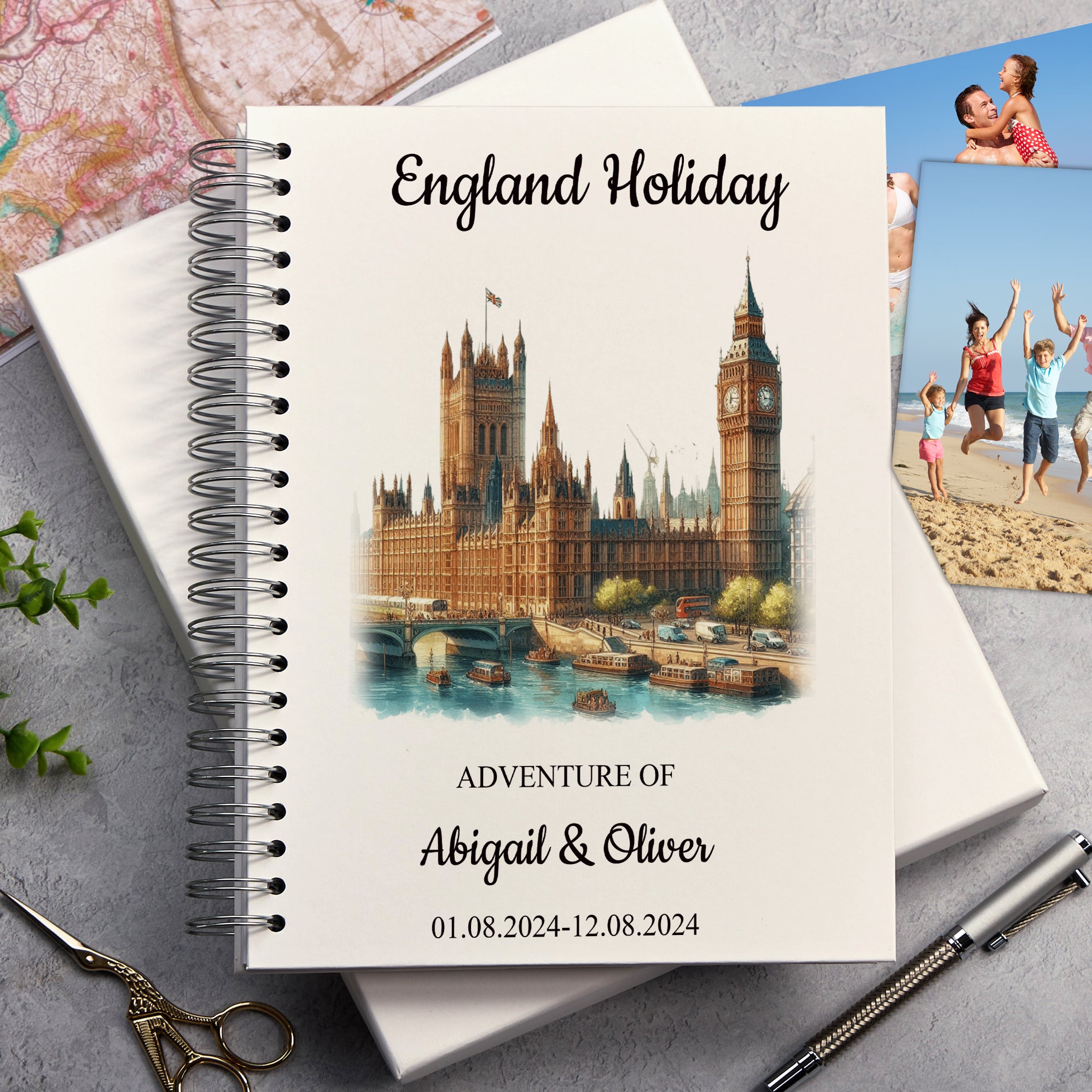 Personalised England, London Holiday Memory Scrapbook Journal Photo Albums Adventures Photo Album ukgiftstoreonline Palace of Westminster and Big Ben A4 Portrait