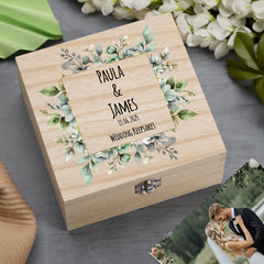 Personalised Wooden Wedding Keepsakes Memory Box Gift With Green Leaf Frame