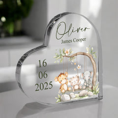 Personalised Newborn Gift Baby Heart-Shaped Acrylic Plaque Custom Keepsake with Animals