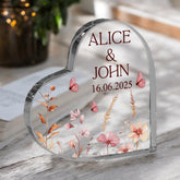 Personalised Wedding Heart Plaque Gift, Anniversary Keepsake, Engagement Plaque With Earthly Flowers