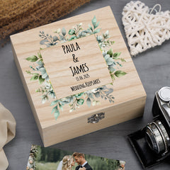 Personalised Wooden Wedding Keepsakes Memory Box Gift With Green Leaf Frame