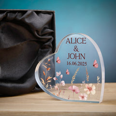 Personalised Wedding Heart Plaque Gift, Anniversary Keepsake, Engagement Plaque With Earthly Flowers