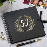 50th Birthday White Scrapbook Photo album With Gold Script Laurel Wreath
