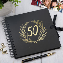 50th Birthday White Scrapbook Photo album With Gold Script Laurel Wreath