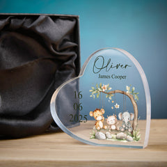 Personalised Newborn Gift Baby Heart-Shaped Acrylic Plaque Custom Keepsake with Animals