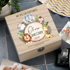 Personalised Wooden Baby Keepsakes Memory Box Gift With Safari Theme