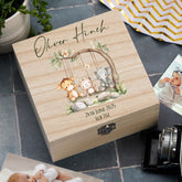 Personalised Wooden Baby Keepsakes Memory Box Gift With Animals On Swing