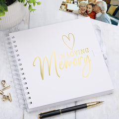 In Loving Memory Funeral Guest Book White Scrapbook Photo album With Gold Script