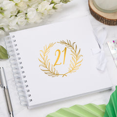 21st Birthday White Scrapbook Photo album With Gold Script Laurel Wreath