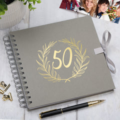 50th Birthday White Scrapbook Photo album With Gold Script Laurel Wreath