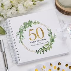 Personalised 50th Birthday Gift for her Scrapbook Photo Album Gold Wreath