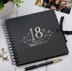 18th Birthday Black Scrapbook, Guest Book Or Photo Album with Silver Script