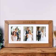Personalised Wedding Photo Picture Frame Wooden Triple 6 x 4 Gift With Wildflowers