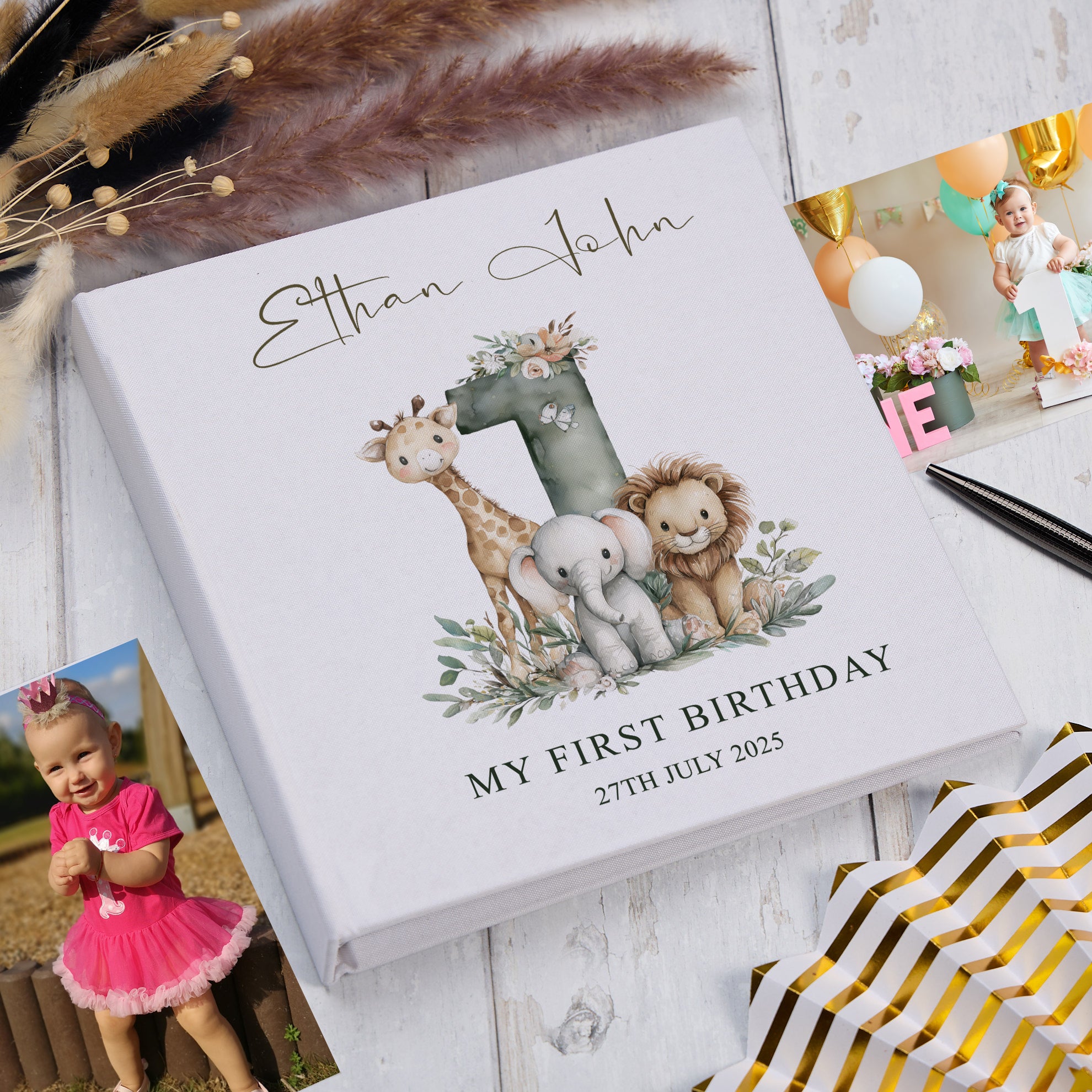 Large Personalised Book Bound My First Birthday Photo Album Safari Animals Design photo album ukgiftstoreonline