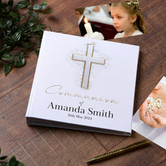 Large Book Bound Personalised Communion Photo Album With Silver Cross