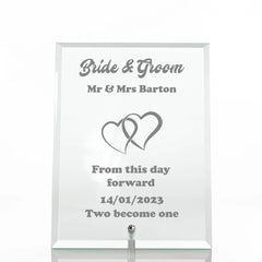 Personalised Engraved Heart Glass Plaque Wedding Bride and Groom Gift