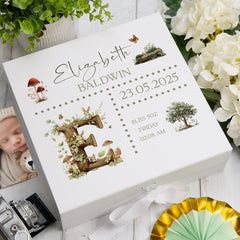 Personalised Woodland Theme Baby Memory Keepsake Box With Birth Details